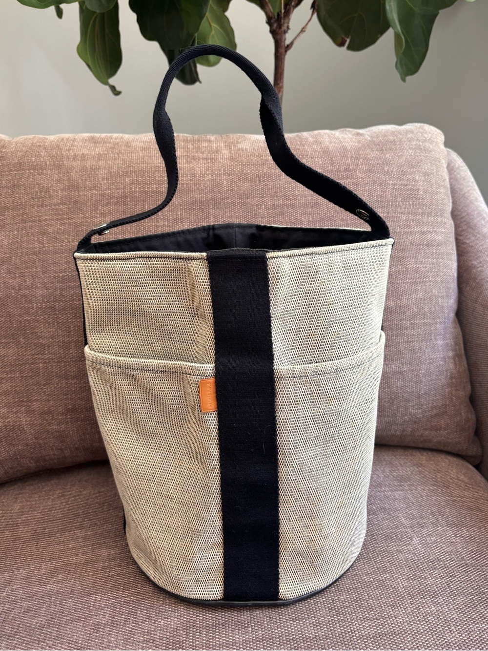Authentic HERMES SAXO MM toile canvas black gray bucket bag